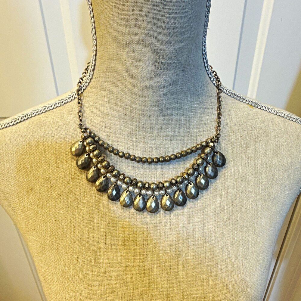 STATEMENT Silver Beaded BIB Necklace White Round Pearl Rhinestone ADJ 16 IN